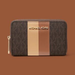 Michael Kors Jet Set Travel Medium Logo Stripe Zip Wallet – Brown/Gold
